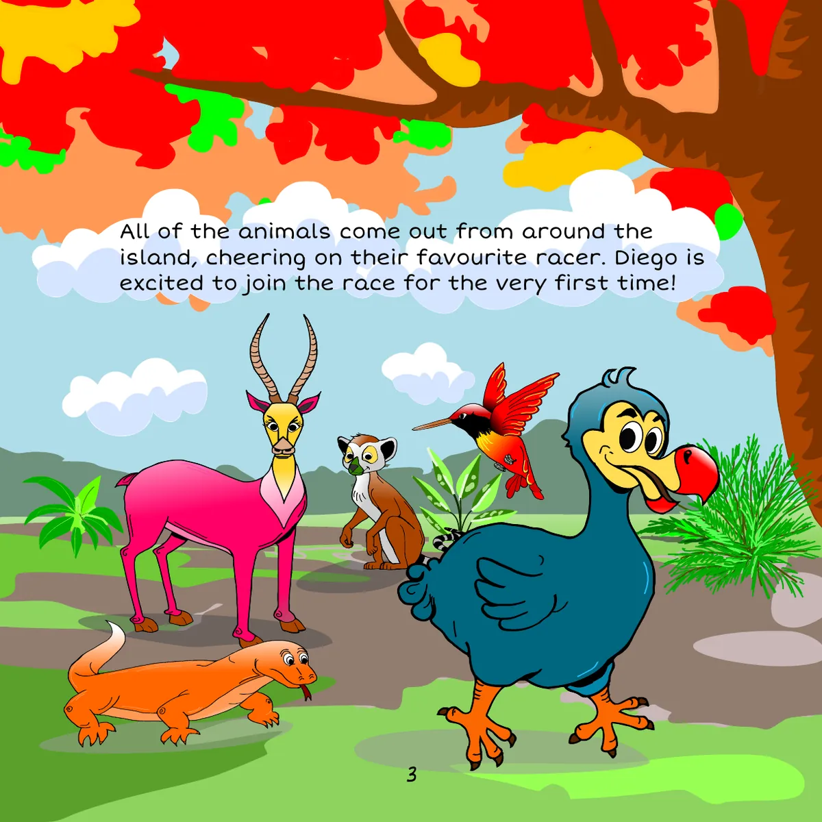 Page 3: the animals gather for the race under a big tree.