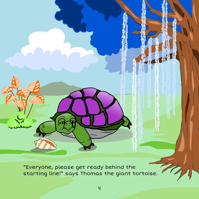 Page 4: “Everyone, please get ready behind the starting line!” says Thomas the giant tortoise.