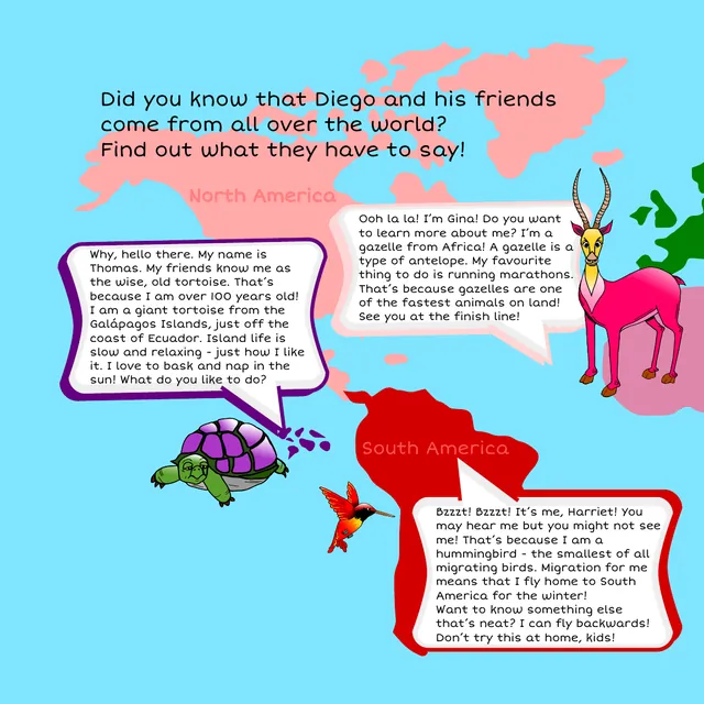 Page 22: A world map shows where Diego and his friends come from, with each animal introducing itself.