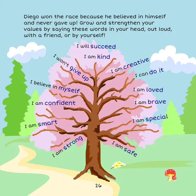 Page 26: Diego won because he believed in himself. A tree of affirmations to say out loud: I am brave, I am kind, I can do it, I will not give up.