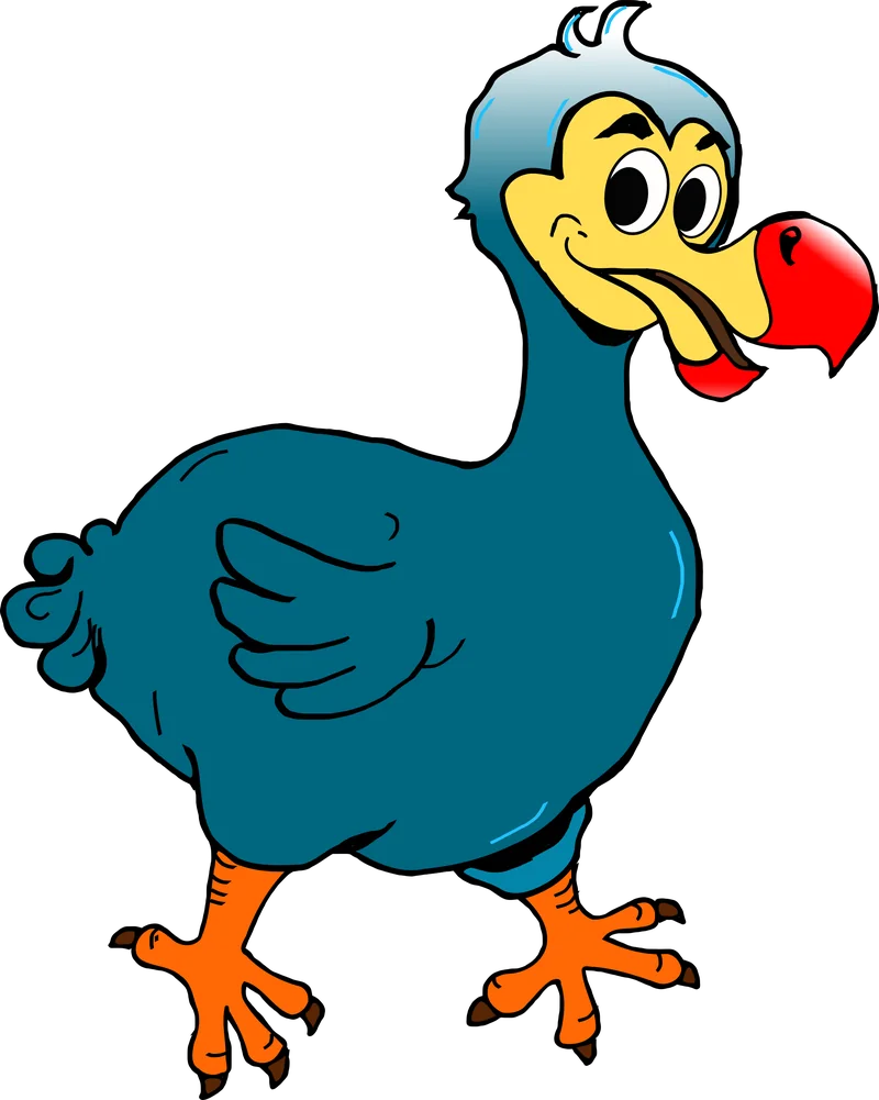 Diego, a round blue dodo with a big red beak, waddling happily.