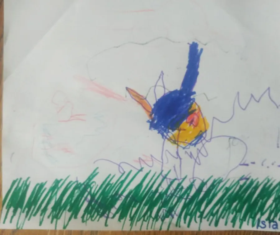 A child&rsquo;s marker drawing of a blue bird with an orange beak standing in tall green grass.