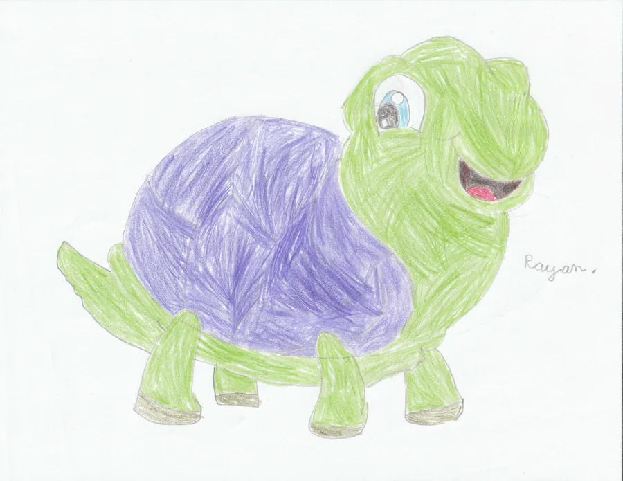 A child&rsquo;s coloured-pencil drawing of Thomas the tortoise with a big smile and a purple shell.